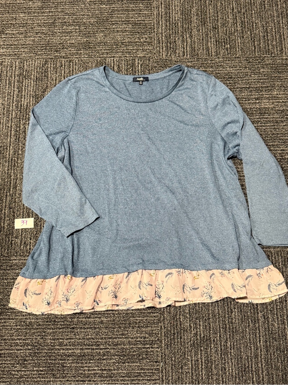 Angels Blue Knit Long Sleeve Top with Pink Floral Ruffle Hem